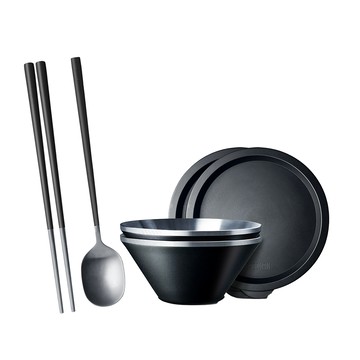 仙德曼雙層304不鏽鋼笠形湯碗-附蓋-20cm-2入-霧黑+316不鏽鋼餐具組-4套入