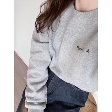 秋冬季小b刺繡字母圓領套頭衛衣休閑寬松外套純色情侶裝青春男