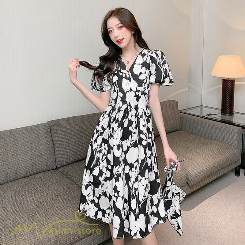 Aラインワンピース レディース 半袖 花柄 きれいめ ワンピース Vネック エレガント 膝丈 ひざ バグ付き 夏ワンピ カジュアルワンピース 夏服 薄手 デート 二次会 通販 Lineポイント最大get Lineショッピング