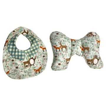 Lianne Baby 鹿熊森林 彌月禮盒2件組 手工蝴蝶枕 + 六層紗圍兜  綠色  1組