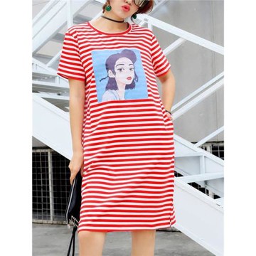 特價休閑連衣裙圓領短袖條紋中長款夏裝休閑裙子女口袋圓領短袖T