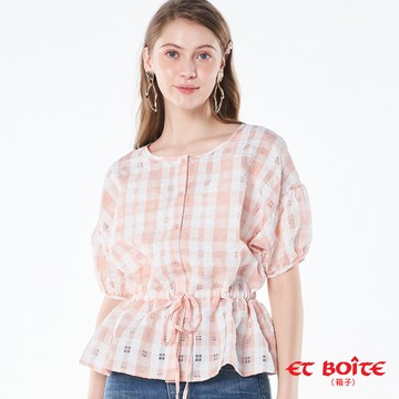 【單一特價】腰抽皺泡泡袖格紋上衣 - BLUE WAY ET BOîTE 箱子