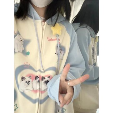美式復古潮ins可愛貓咪印花學院風寬松休閑拉鏈開衫連帽衛衣外套