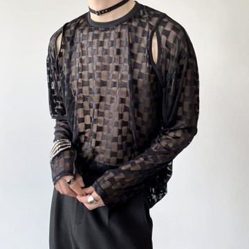 個性漏洞鏤空透明t恤男長袖寬松網紗上衣設計感夜場男生性感衣服