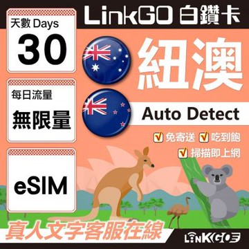 LINKGO白鑽卡 紐澳 eSIM卡 30天無限流量吃到飽 不降速(紐澳網卡 紐西蘭 澳洲 虛擬卡)