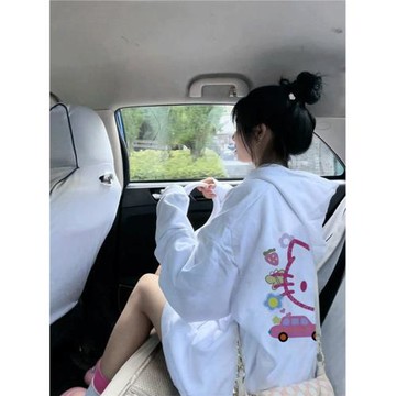 純白色牛仔衛衣女春秋薄款時尚連帽外套加絨加厚正肩上衣卡通甜美