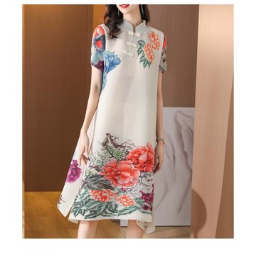 褶皺改良旗袍連衣裙媽媽2023復古中國風印花減齡洋氣大碼長裙