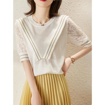 夏季小香風蕾絲拼接冰絲針織衫女五分袖鏤空袖薄款桑蠶絲上衣