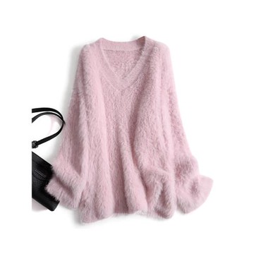 暖絨絨慵懶風の仿貂絨純色V領針織毛衣女25春季套頭打底長袖上衣