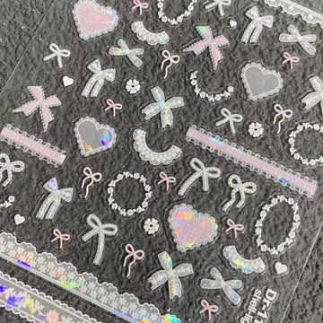 🌸台灣出貨🌸粉色蝴蝶結蕾絲花邊美甲貼紙浮雕貝殼光愛心蝴蝶結背膠指甲貼裝飾