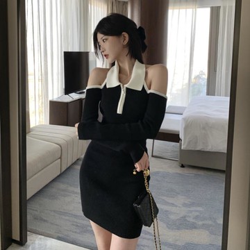 包臀裙洋裝氣質長袖針織連衣裙女秋冬辣妹修身性感露肩氣質設計感小個子包臀裙子 99購物節