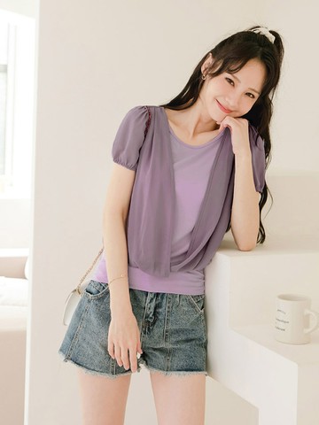 假兩件交錯造型拼接拋袖上衣