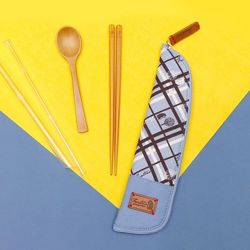 獨創布花 棉麻餐具袋::天空藍:: (格紋街區)環保餐具/畢業季