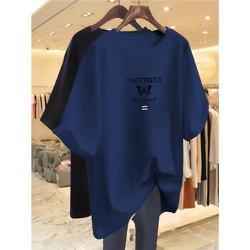 100%全棉2023年新款韓版胖媽媽時尚中長款大碼短袖t恤女裝上衣夏