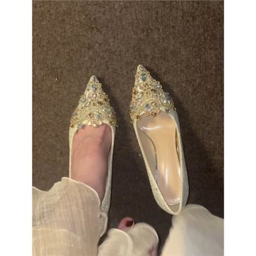 水鉆細跟婚鞋女秀禾婚紗兩穿新娘2025秋冬性感尖頭法式水晶高跟鞋