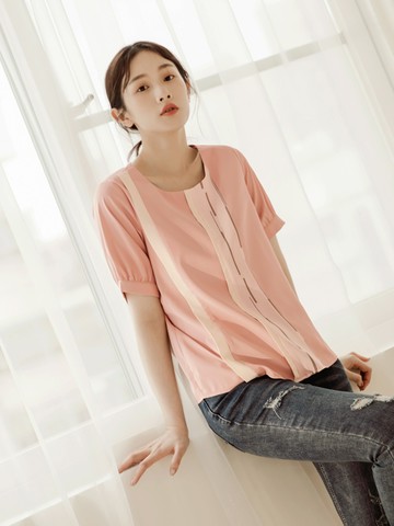 直紋印花拼接拋袖不易皺短袖上衣