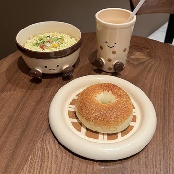 可愛創意陶瓷手繪華夫餅早餐盤減脂面包寬邊圓淺盤小吃蛋糕托盤子