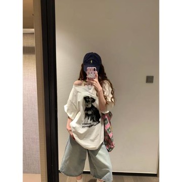 原創設計師款“漂亮小狗”一字肩短袖T恤女夏季街頭寬松