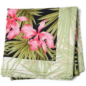 CELINE 黑綠底熱帶粉鳳凰花棕櫚印花圖騰LOGO帕領巾(52CM)