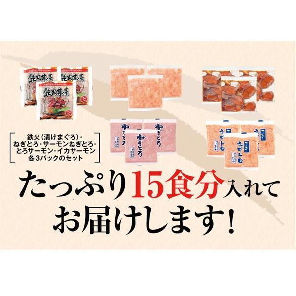 海鮮丼 詰め合わせ 15食 鉄火丼 ねぎとろ丼 サーモンねぎとろ丼 トロサーモン漬け丼 いかサーモンねぎとろ丼 各3食 国内製造 流水解凍 簡単調理