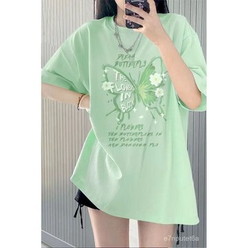 🔥⚡夏季上新⚡薄荷曼波【多巴胺】短袖T恤女夏季新款蝴蝶字母印花寬鬆百搭上衣 DUSO