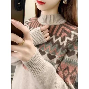 (免運)半高領打底衫女秋冬高級感寬松洋氣費爾島毛衣加厚內搭提花針織衫