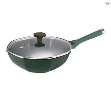 墨綠   32cm（4-6人份) BJG-3032 麥飯石塗層帶蓋八角邊加厚平底不沾鍋炒鍋（導流口/加厚複合鍋底/加深加