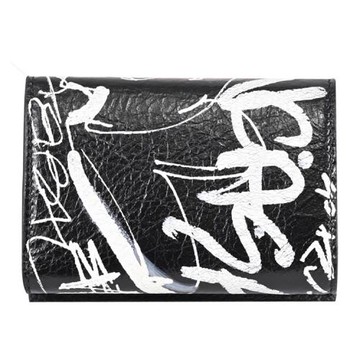 BALENCIAGA 巴黎世家 594312 塗鴉揉製小羊皮三折小短夾.黑
