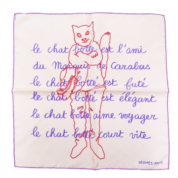 【二手名牌BRAND OFF】HERMES 愛馬仕 粉色 絲綢 Le Chat Botte 絲巾 40*40