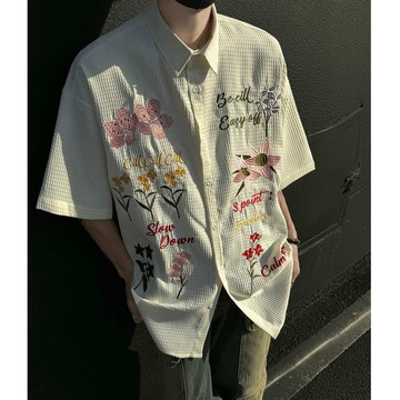 【台灣出貨】 彩色花卉短袖男女華夫格重工刺繡襯衫ins夏季新款學院風大碼襯衣