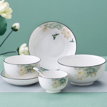 釉中彩陶瓷碗碟套裝家用簡約中式加厚防燙碗盤組合健康可微波餐具