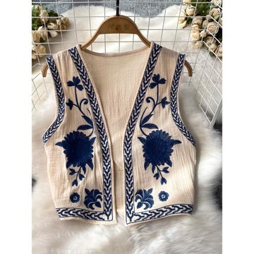 復古繡花馬甲開衫披肩外套女裝夏季新款韓版寬松無袖坎肩馬夾上衣