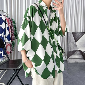 襯衫 男設計感小眾痞帥七分短袖 冰絲菱形芥末綠襯衣【不二雜貨】