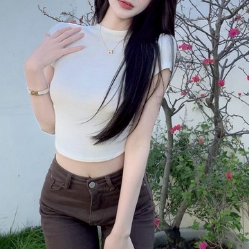 夏季新款純欲甜辣妹風性感露背抽繩短款T恤女高腰露臍短款上衣服