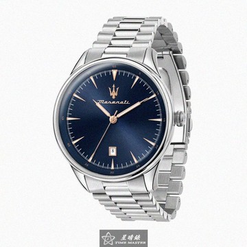 MASERATI手錶，編號R8853146002，46mm銀圓形精鋼錶殼，寶藍色中三針顯示錶面，銀色精鋼錶帶款_廠商直送