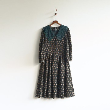【蛋植物古著】青森蕾絲翻領燈芯絨印花古著洋裝