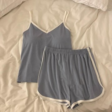睡衣套裝 涼感冰絲睡衣女 帶胸墊睡衣 簡約薄款套裝 家居服可外穿 休閒舒適居家服 吊帶背心帶胸墊 可外穿