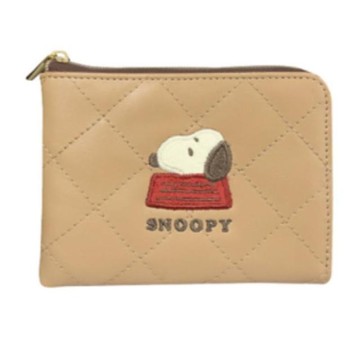 小禮堂 史努比 皮質絎縫L型零錢包 (棕狗屋款)