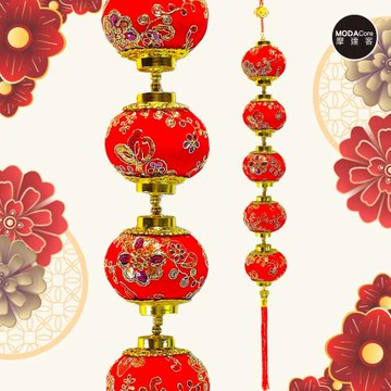 摩達客◉春節開運招財◉精緻金繡雕花朵紅色五燈籠串吊飾掛飾