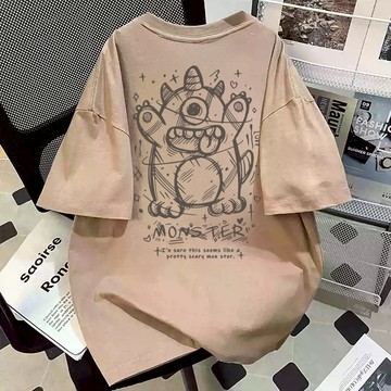 好穿愛到骨子裡！ 美式復古小怪獸印花 短袖T恤 卡其色上衣 女生衣服 美式短袖 重磅短t 潮牌 T恤 國中生女裝 夏天