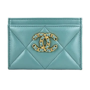 CHANEL 經典金色雙C LOGO菱格粒紋小羊皮卡片夾(水藍)