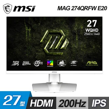【MSI 微星】MAG 274QRFW E20 27型 2K IPS 200Hz 低藍光電競螢幕【三井3C】