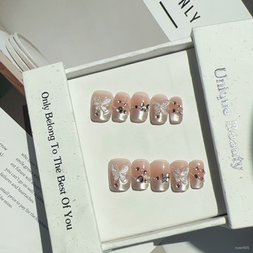 ✨Hannah✨純手工穿戴甲法式貓眼蝴蝶貼紙小紅書純慾風短款假指甲可拆卸日常精緻穿戴甲 CJHP