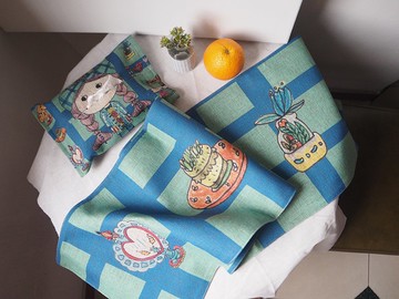 藍綠色百搭棉麻餐桌桌旗桌布布條貴賓小狗甜品圖案