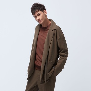 【限時5折】台灣製-甦活華夫格綁帶西裝領外套-瀝青綠