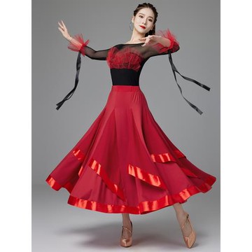 國標舞裙新款2025表演出摩登華爾茲交誼際舞蹈飄帶上衣大擺半身裙