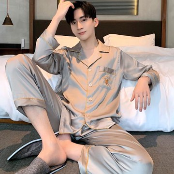 樂姿夢睡衣男士春秋款夏季冰絲長袖大碼家居服秋冬款薄款涼感套裝