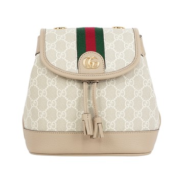 GUCCI Ophidia 塗層帆布及綠紅織帶束口迷你後背包(燕麥色)