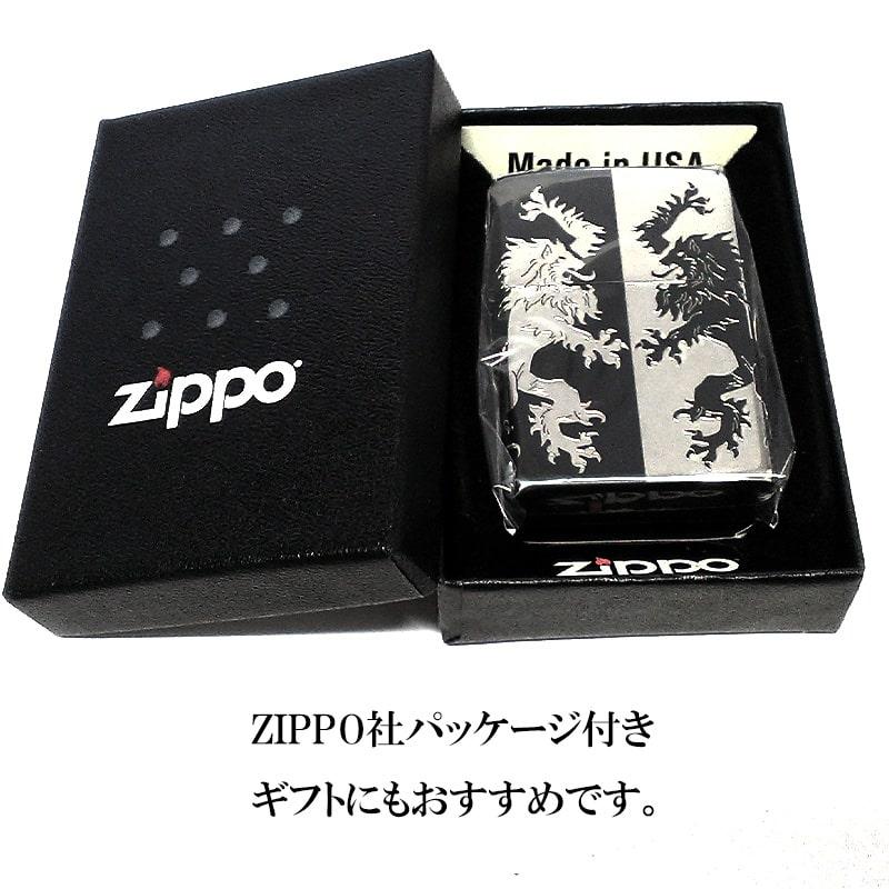 ZIPPO ライター モノトーンライオン ジッポ かっこいい ブラック×シルバー 黒銀 5面加工 エッチング彫刻 ギフト おしゃれ メンズ