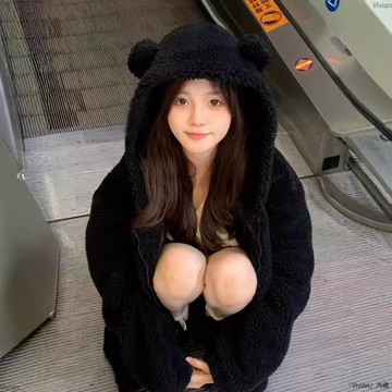 可愛風羊羔毛小熊耳連帽衛衣外套女秋冬季加厚毛毛絨大衣